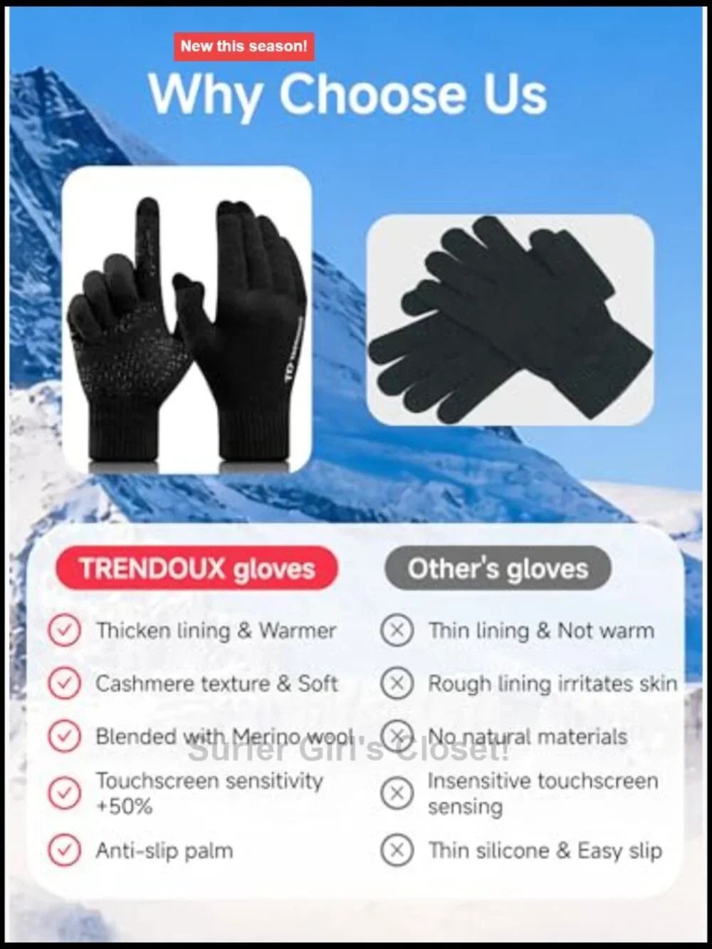 Merino Wool Touchscreen Gloves, Non-slip, Warm Winter Unisex
